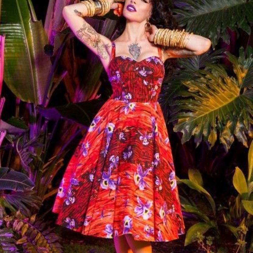 Pinup Couture Deadly Dames RARE Hawaiian Hideaway Orchid Print Swing Dress 4X - Picture 12 of 16